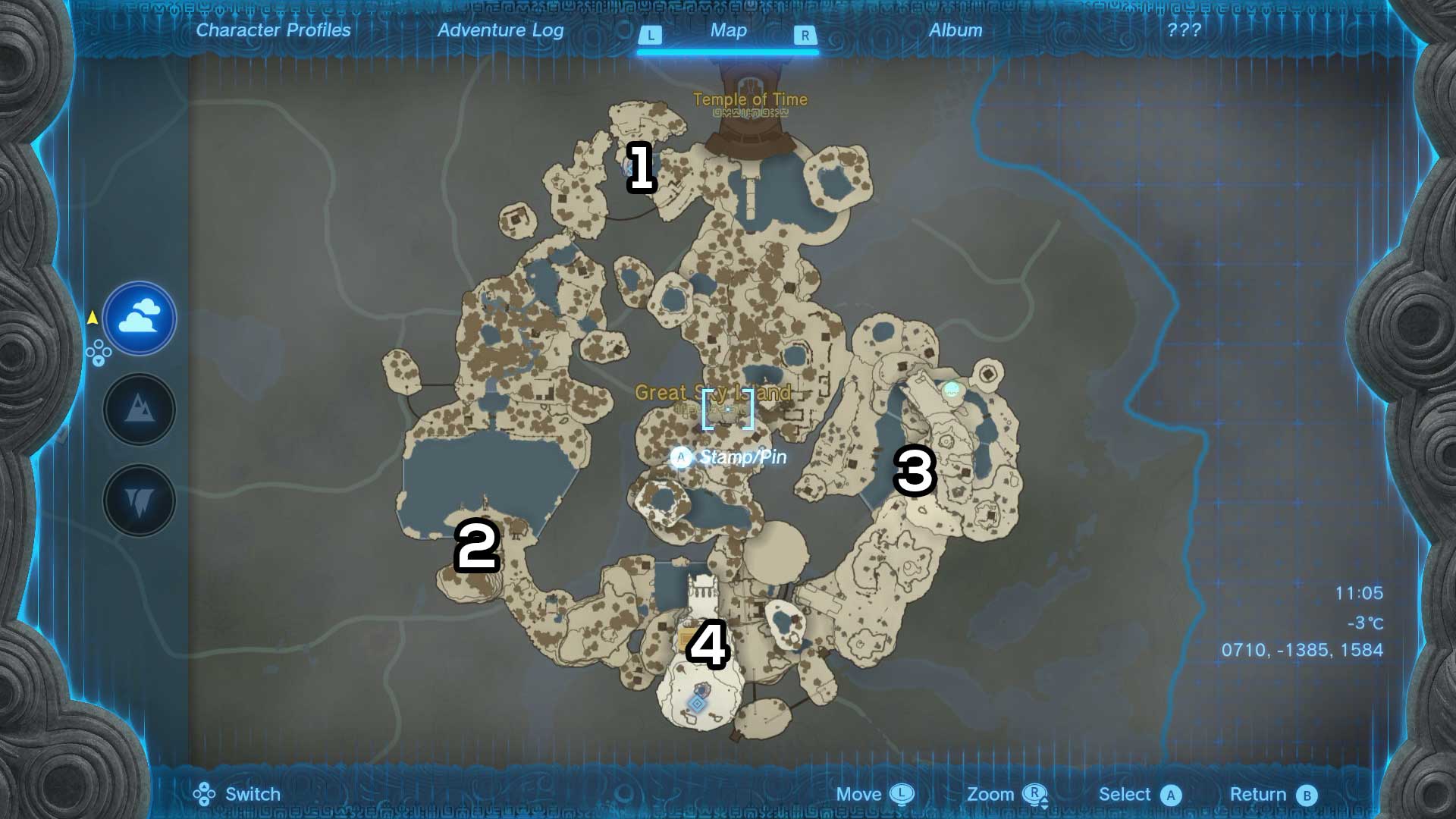 A map showing Where To Find All Shrines On The Great Sky Island In Legend Of Zelda Tears Of The Kingdom