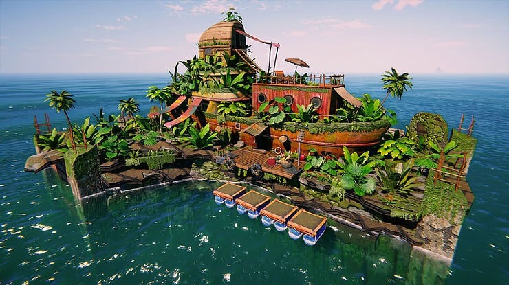 A gallery of images showing gameplay, graphics, features, and worldbuilding of the game Age of Water