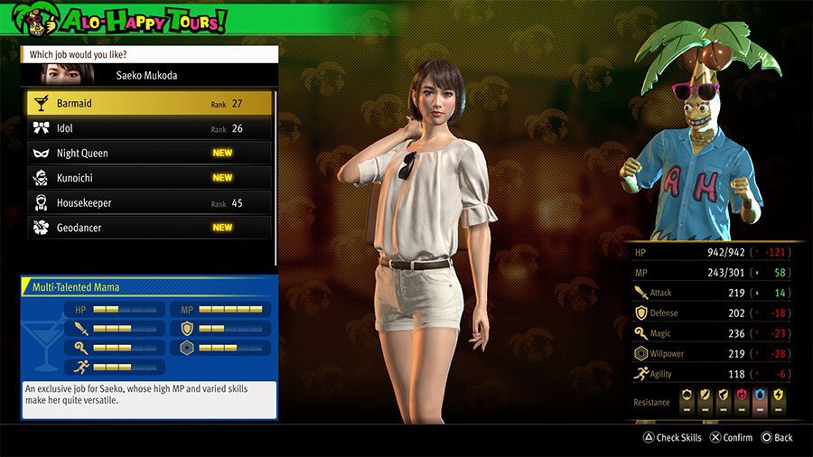 An image showing the skills, abilities, and stats of the Infinite Wealth Job Bar Maid