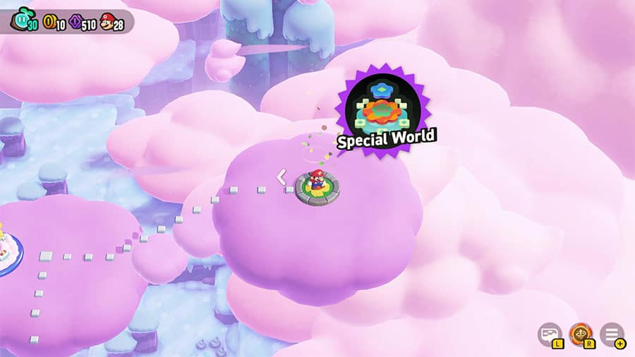 A map showing where to find Fluff-Puff Peaks (W2) Special World Entrance