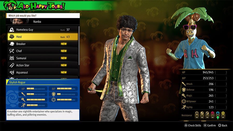 An image showing the skills, abilities, and stats of the Infinite Wealth Job Host