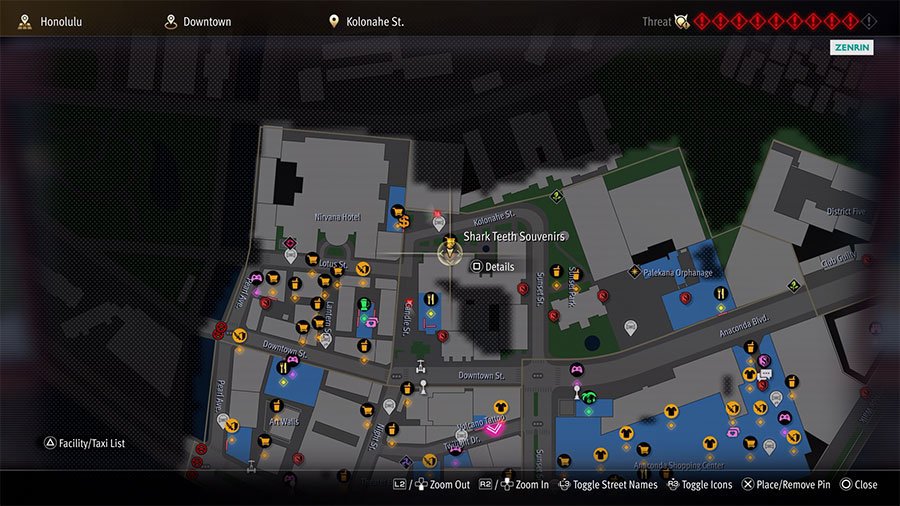 A map showing where to buy Sengoku Coffee and Kiwami drink in Infinite Wealth