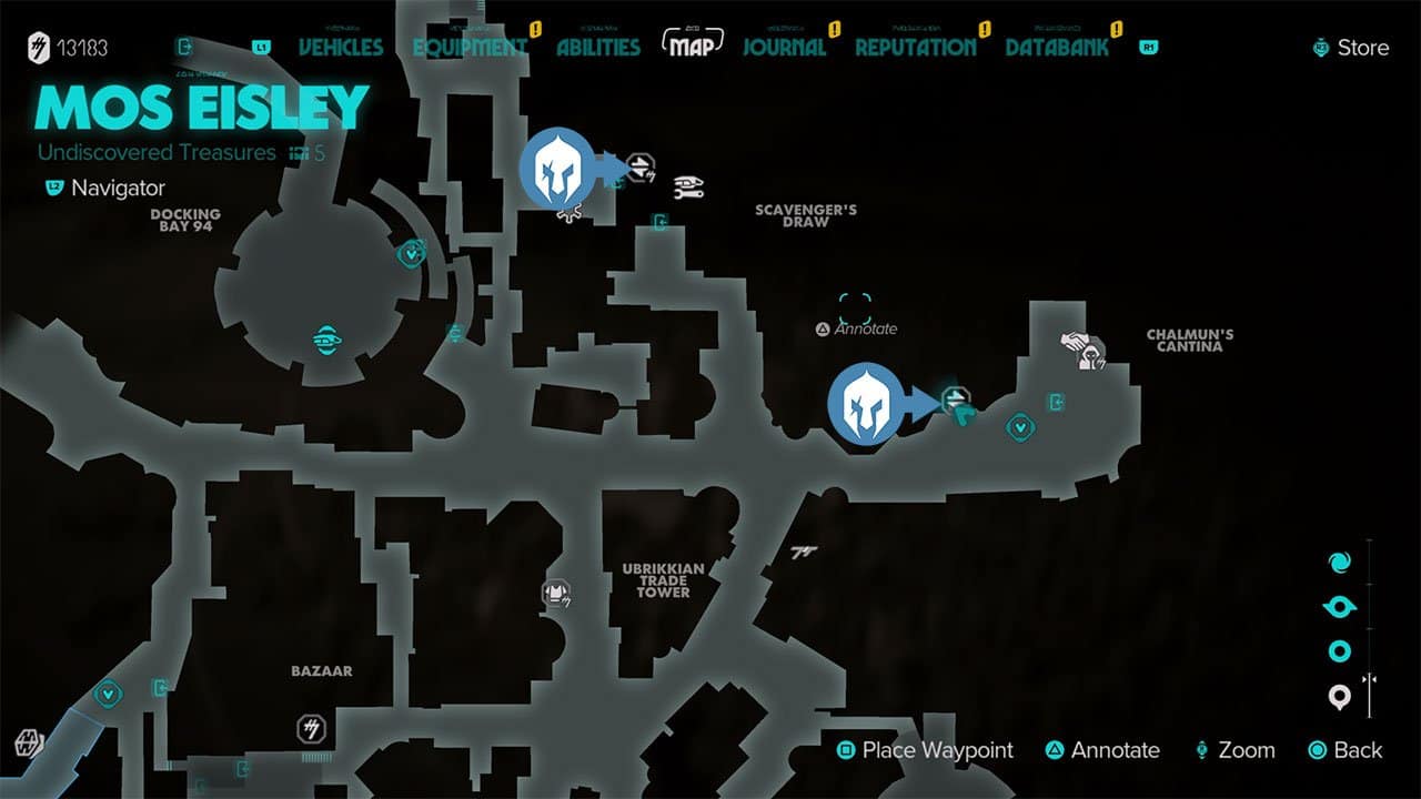 A map showing where to find 2 jawa Traders in Mos Eisley