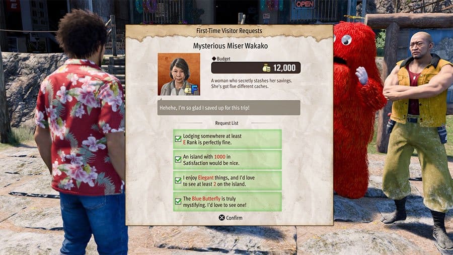 A map showing where to go to unlock Dondoko Island Guest Mysterious Miser Wakako as a guest on Dondoko Island