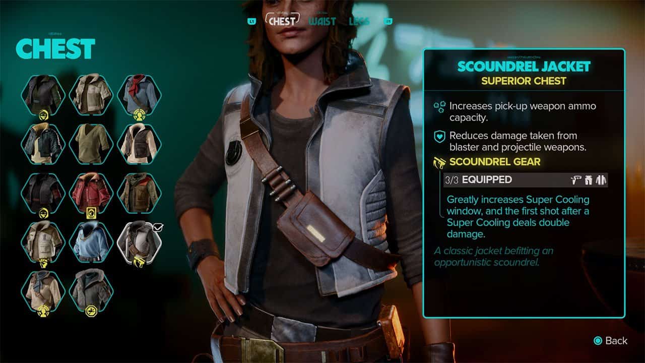 An image showing the stats, bonuses, and appearance of the Scoundrel Jacket item