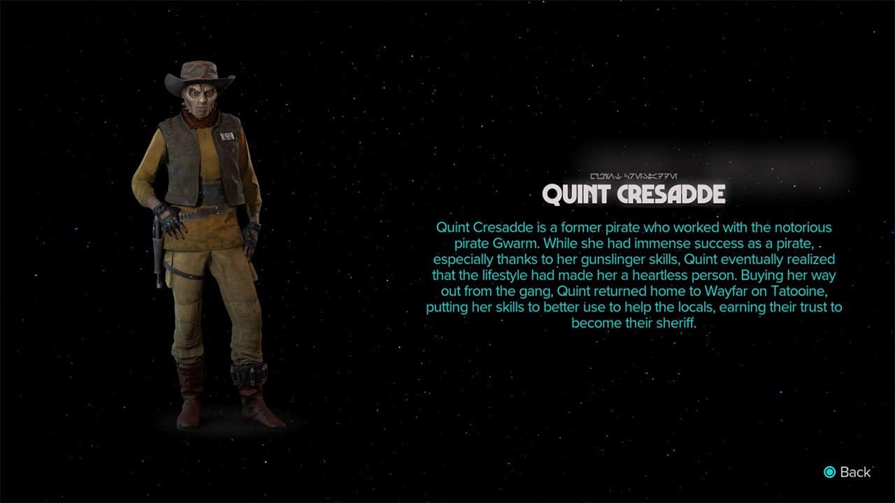An image showing the physical appearance and biography of the Expert Sheriff Quint The Gunslinger  (Tatooine)