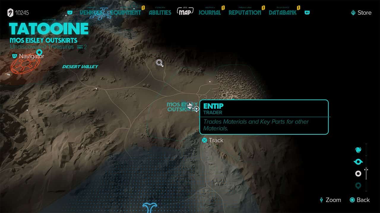 A map showing where to find another of the Tatooine Jawa Traders