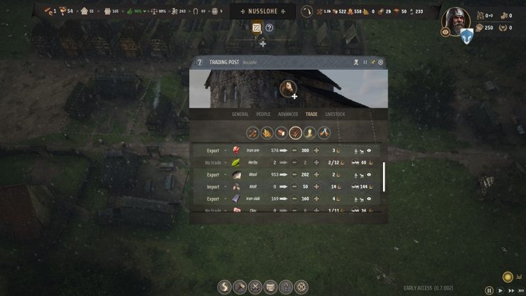 Explaining more advanced mechanics behind trading in Manor Lords, an image showing the best resources to trade
