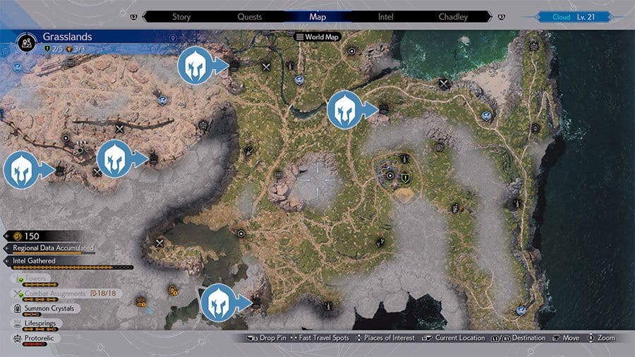 A map showing all of the locations needed to learn Where To Find The Classified Foe In The Grasslands In Final Fantasy 7 Rebirth